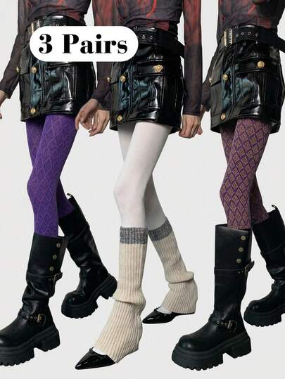 1 Pair Y2K Style 3 Colors Tights Set - Geometric Patterned Opaque Pantyhose For Women, Stretchy Knit Hosiery In Purple & White, Perfect For Concerts, Parties & Daily Wear
