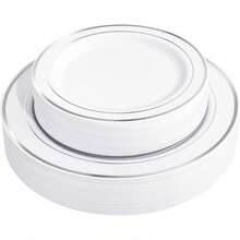 50/25/10/1 Stück weiße Teller mit doppeltem Silberrand, 7,5 Zoll/10,25 Zoll, weiße Basis mit Silberrand, elegante Dessertteller, Pastateller, Pizzateller, Kuchenteller, Salatteller, wiederverwendbar und leicht zu reinigen, geeignet für den Außenbereich, Partys, Geburtstage, Hochzeiten und Feiertage, Teller, Servierteller - transparent - Übersicht 11
