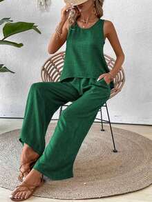 Conjunto de top sin mangas y pantalones de pierna ancha con parte posterior de malla de encaje para mujer, color albaricoque, para primavera/verano - Verde Oscuro - Ver 7