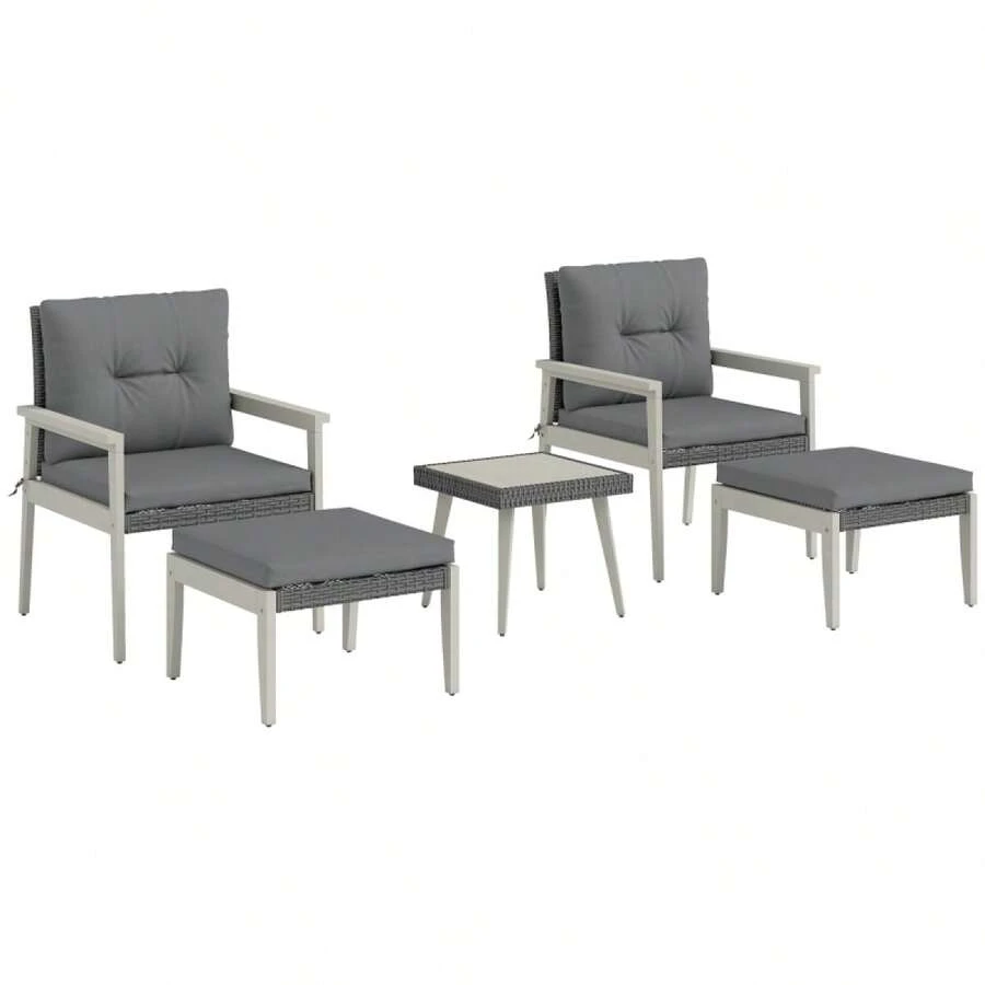 Five-Piece Rattan Patio Set, With Wood-Top Table - Grey - Grey - View 1