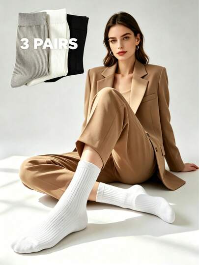 3 đôi tất unisex màu đen trắng xám kẻ sọc dọc, kiểu dáng cổ điển dễ phối đồ, đa năng cho mùa xuân, hè, thu, đi chơi, đi làm, học sinh, phong cách tối giản châu Âu và Mỹ.