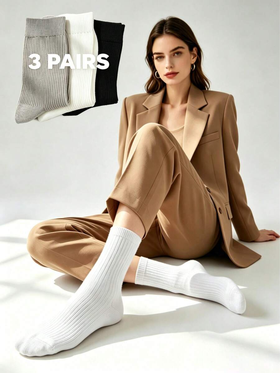3 đôi tất unisex màu đen trắng xám kẻ sọc dọc, kiểu dáng cổ điển dễ phối đồ, đa năng cho mùa xuân, hè, thu, đi chơi, đi làm, học sinh, phong cách tối giản châu Âu và Mỹ. - Nhiều màu - Xem 1