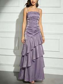 Vestido de Festa Elegante Feminino para Formatura com Babados em Camadas, Estilo Vintage, Ajuste Slim, Alças Finas, Vestido de Gala para Convidada de Casamento e Festa Formal - Lavanda - Visão 7