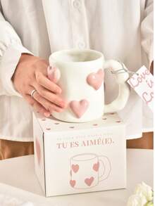 1pc 500ml/16.9oz Cream Pink 3D Embossed Heart Mug Irregular Design Embossed Hand-Painted Ceramic Drinking Cup - Multicolor - View 7