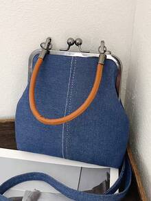 Tas Selempang Kulit PU untuk Wanita, Tas Tangan dengan Gesper Bergaya Vintage, Tali Bahu yang Dapat Diatur, Tas Bahu Tunggal Ringan Warna Polos dengan Lapisan Poliester - Biru - View 7