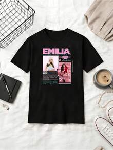 Emilia Mernes Blue Tone Sweet Cool Style Fan Cotton Summer Short Sleeve T-Shirt - Black - View 6