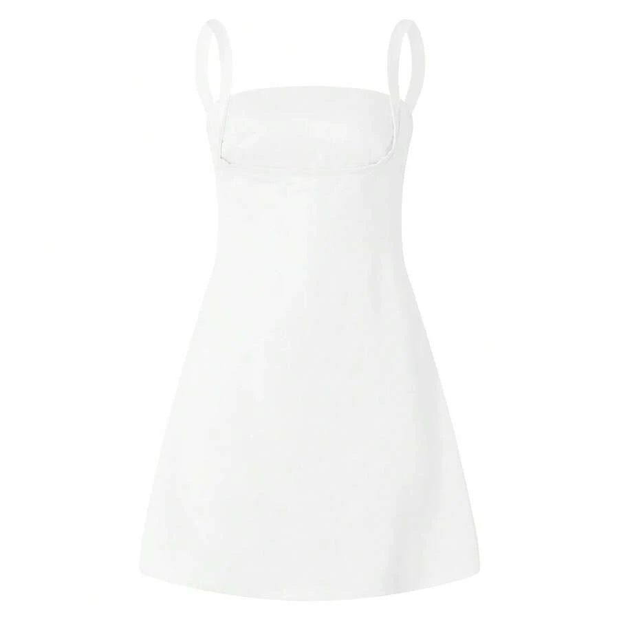 Combhasaki-Vestido corto sin mangas de corte bajo para mujer, minivestido Sexy de Color liso con cuello cuadrado y cintura alta, para fiesta de verano - BLANCO - Ver 1
