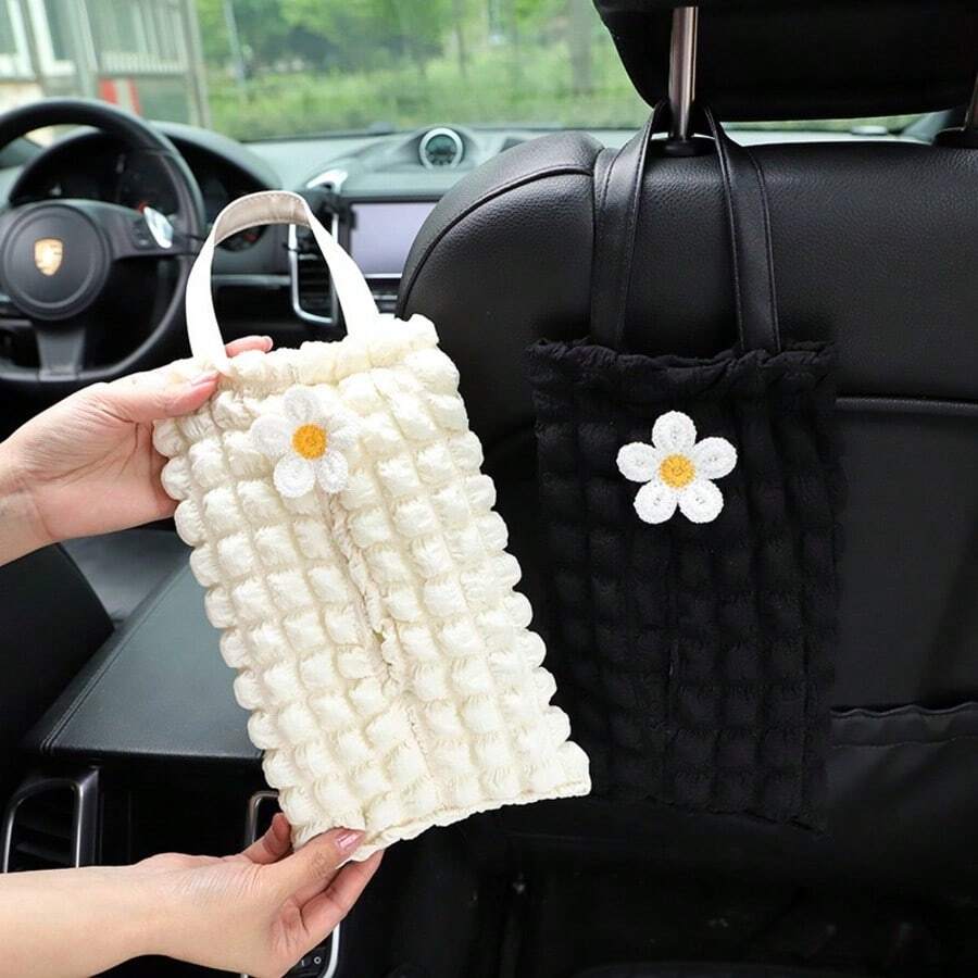1个米色3D棕熊头汽车纸巾盒收纳盒，尺寸28x18x2厘米，涤纶材质，优雅格纹悬挂式纸巾盒，卡通可爱小熊汽车纸巾分配器