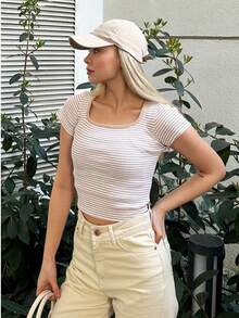 Women Beige Striped Ribbed Short Sleeve Crop Top Designed For Soft Everyday Styling And Effortless Casual Looks. - Multicolor - View 4