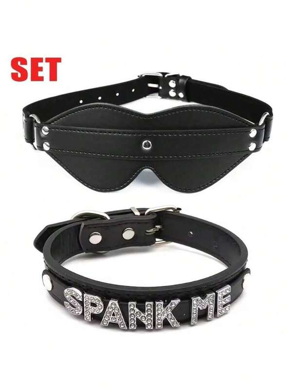 1 Set Sexy Black PU Leather Collar, Eye Mask, Sleep Mask, Intimate Accessories For Role Play