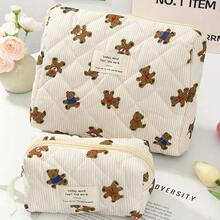 1pc Beige Striped Cute Bear Decor Zipper Multifunctional Cosmetic Bag, Can Be Used To Store Cosmetics, Toiletries, Hand Creams, Lip Balms, Nail Polish, Phones, Earphones, Sanitary Pads, Coins And Small Items - Multicolor - View 4
