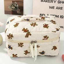 1pc Beige Striped Cute Bear Decor Zipper Multifunctional Cosmetic Bag, Can Be Used To Store Cosmetics, Toiletries, Hand Creams, Lip Balms, Nail Polish, Phones, Earphones, Sanitary Pads, Coins And Small Items - Multicolor - View 13