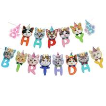 Pancarta de decoración para fiesta de cumpleaños con tema de gatos, pancarta de cumpleaños de perro con dibujos animados de gatos - de gato, huella de pata, pancarta - Ver 6