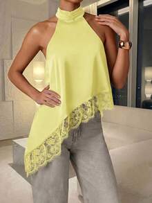 Blusa de satén con ribete de encaje negro para mujer, top asimétrico sin mangas, elegante y formal, adecuado para fiestas y citas (YY1211) Verano - Amarillo - Ver 4