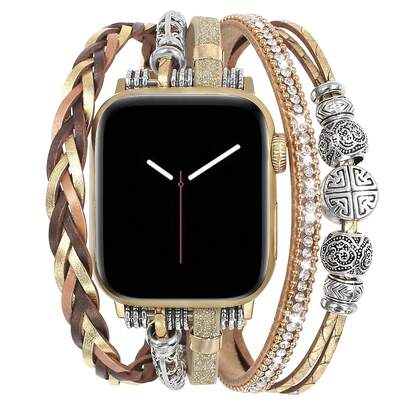 1pc Luxury Gold Genuine Leather Watch Band, Suitable For Apple Watch 41mm, 40mm, 38mm, 45mm, 44mm, 42mm, 49mm, Women's Bohemian Style Multi-Layer Wrap Bracelet Watch Band, Suitable For Apple Watch Series Ultra 10, 9, 8, 7, 6, 5, 4, 3, 2, 1, SE