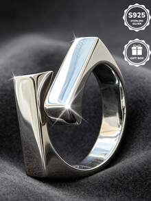 1pc S925 Sterling Silver Minimalist Geometric Cube Metal Ring, Versatile Silver Jewelry, Accessories, Suitable As Gift For Girlfriend, Mom, Valentine's Day, Comes With Gift Box - Silver - View 2