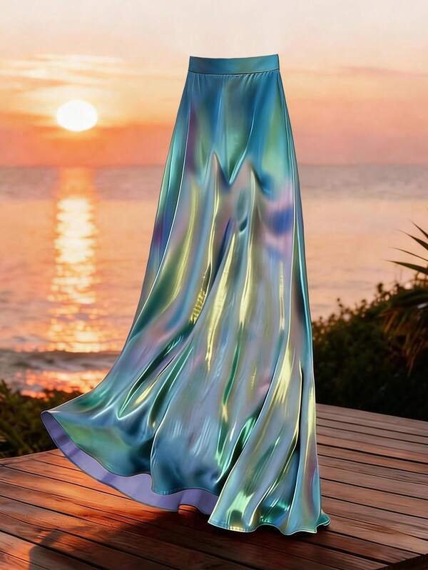 Summer New Fashionable Elegant Versatile Satin High Gloss Iridescent Multi-Color Date Party Stylish A-Line Skirt, Suitable For Beach, Vacation, Date, Back To School Party, Singles Party, Daily Wear, Spring/Summer Occasions, Banquet