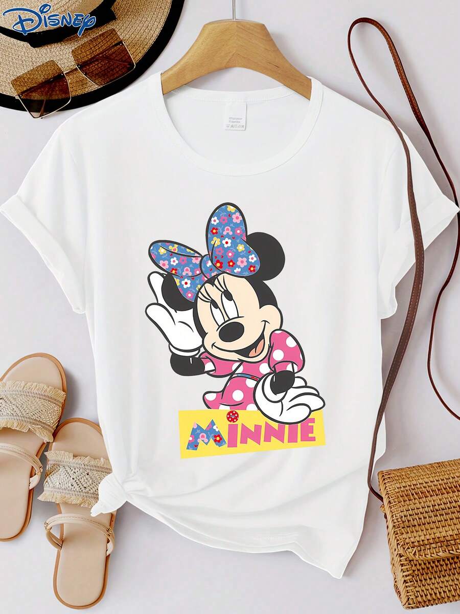 1pc Women's Disney Minnie Mouse Graphic Print Short Sleeve T-Shirt, Round Neck, Stretchy, Easy Care Material, Suitable For Everyday Wear, Fashionable Women's Short Sleeve Tee, Casual Wear - White - View 1