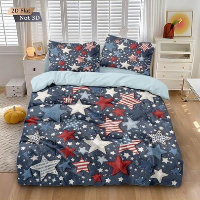 Bộ ga trải giường in hình ngôi sao xanh đỏ ngày Quốc khánh 4 tháng 7, gồm 1 vỏ chăn và 2 vỏ gối (không kèm ruột chăn), công nghệ in độ nét cao, chất liệu 100% polyester, cỡ giường đôi rộng rãi, mềm mại và thoải mái, có khóa kéo, có thể giặt máy, phù hợp cho phòng ngủ gia đình, phòng khách, du lịch cắm trại và ký túc xá.