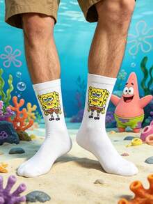 SpongeBob SquarePants 1双男士白色卡通海绵印花中筒袜，趣味休闲日常穿着袜子 - 彩色 - 查看 2