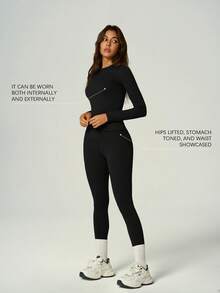UONNOU Round Neck Long Sleeve Sports Top Paired With Butt-Lifting Yoga Pants, Spring/Summer Activewear Set - Black - View 3