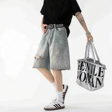 New Men's Denim Shorts Summer Thin American Retro Old Straight Loose Large Size Five Points Casual  Brand Ruffian Handsome Jeans Men - Màu xanh nhạt - Xem 2