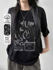 Camiseta ancha de estilo urbano para mujer con estampado gráfico llamativo, ropa urbana de verano - Multicolor - Ver 7