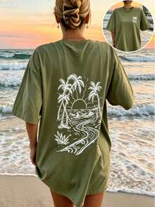 Plus Size Everyday Casual Tee With Round Neck And Short Sleeves, Green Regular Fit Shirt In Comfortable Slight Stretch Fabric - 綠色 - 查看 14