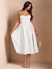 Elegante vestido largo sin mangas con manga abultada para mujer, adecuado para citas diarias, salidas, discotecas, fiestas, temporada de otoño - Blanco - Ver 5