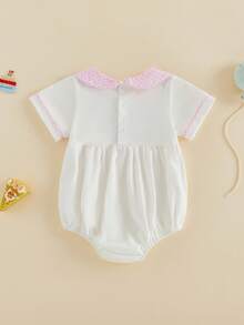 Baby Short Sleeve Romper Embroidered Plaid Doll Collar Summer Bubble Bodysuit For Girls Boys - 粉色 - 查看 7