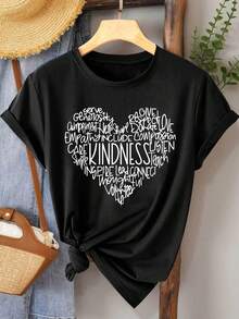 Casual Black Crew Neck T-Shirt for Women Featuring Kind Messages, Perfect for Any Season with Short Sleeves - Negro - Ver 2