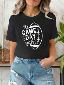 Casual Women'S Tee Featuring A Rugby Game Day Design - Round Neck, Short Sleeves, Made From Fabric, With An Alphabet Motif And Applique Accents - Perfect For Summer - 黑色 - 查看 1