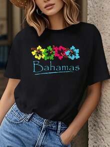 Camiseta de mujer casual con un diseño colorido de palmera y Bahamas - camiseta de cuello redondo de manga corta ideal para primavera y verano, hecha de material ligero y transpirable, perfecta para salidas a la playa o ropa de vacaciones - Negro - Ver 2