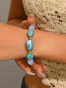 1pc Summer Beach Vacation Boho Style Mixed Color Agate Beaded Bracelet With Gold Spacer Beads, Adjustable Women Bracelet For Beach Party, Vacation, Music Festival - Beaded Bracelet - View 4