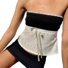 Top de tubo con ribete de encaje Y2k para mujer, elástico con hombros descubiertos Top corto, sin mangas, Top de tubo con espalda abierta, traje Grunge de hadas de los años 00 - Beis - Ver 2