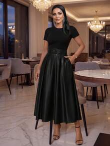 SHEIN Lady Váy dài xếp ly eo trơn màu thời trang nữ - màu đen - Xem 6