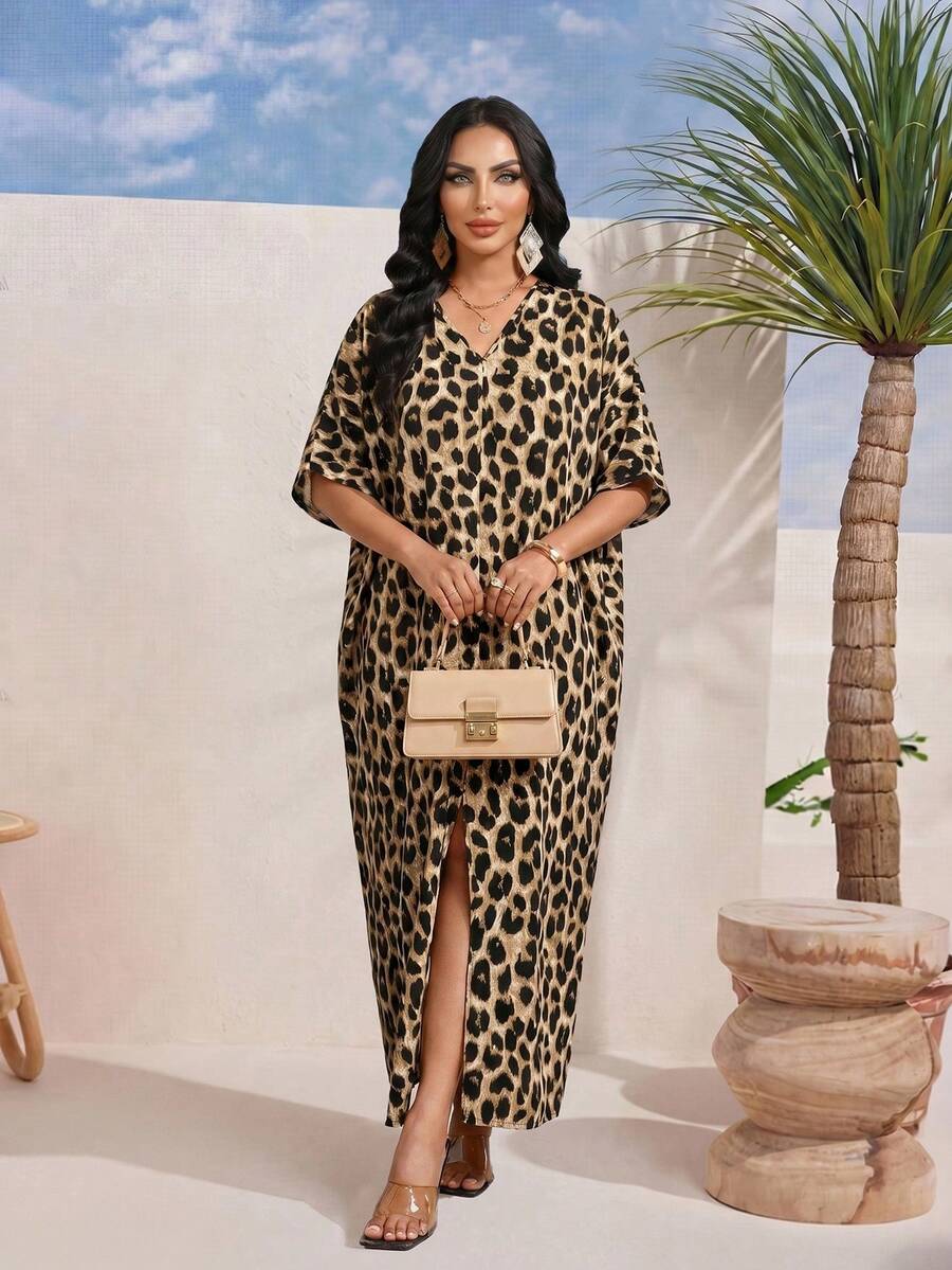 SHEIN Lady Váy thường ngày rộng rãi cổ chữ V tay dài màu trơn chắp vá trang phục Halloween Quần áo Halloween Trang phục kỳ nghỉ cho phụ nữ - màu nâu - Xem 1