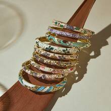 ORNAPEADIA 1pc Women's Handpainted Enamel Floral Open Bangle Bracelet, Gold-Plated Alloy Rhinestone Inlaid, Vintage Stackable Niche Design Jewelry - Mixed Color 3 - View 6
