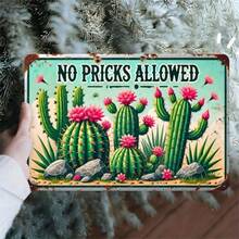 1pc Cactus Metal Wall Sign - Engraved "No Pricks Allowed" Funny Warning Decoration With Cacti Design, Durable Plaque For, Office, Or - Rustproof/Outdoor Decorative Signage Suitable For Cactus Lovers And Humor Decor - 1PC - View 1