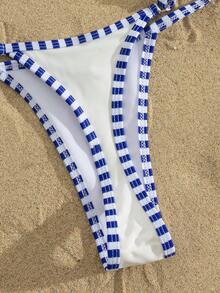2pcs Striped & Solid Color Sexy Tie-Front Backless Women Swimwear Bikini Set White Vacation Beach Summer - White - View 5