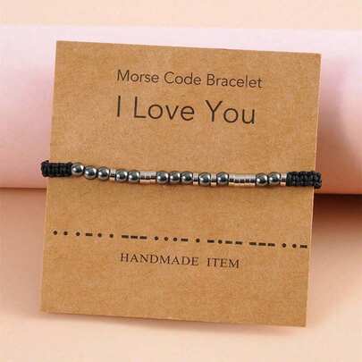 Bộ 1 vòng tay đôi kiểu cổ điển khắc mã Morse "I Love You", có thể điều chỉnh kích thước, làm thủ công bằng dây thừng, hạt đá đen, dây thép không gỉ, kèm thiệp chúc mừng. Thích hợp cho nam nữ, bạn trai, bạn gái, bạn thân, quà sinh nhật, quà tốt nghiệp, quà tình bạn, đeo hàng ngày.