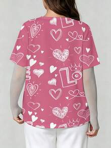 Plus Size Curvy Women's All-Over Print Nurse Top, Casual Loose Short-Sleeve  Work Clothes Hearts Crown Letters Doodles Pattern Print Stylish Patterned Nurse Top, Perfect For Hospital, Dental, Nursing And Healthcare Staff. - Sayle - View 3