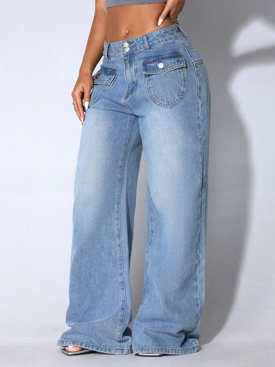 Quần jeans nữ cạp thấp ống rộng màu xanh dương dáng suông, túi xéo, kiểu dáng thường ngày. - Màu xanh nhạt - Xem 1