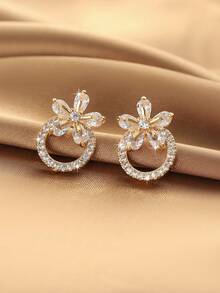 1 Pair Luxury Minimalist Elegant Floral Hollow Hoop Earrings With Zirconia Stone, Gold & Silver Dual-Tone Delicate Elegant Earrings For Work And Date - Multicolor - View 8