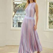 PREMIUM WOMEN'S ELEGANT VACATION STYLE COLORBLOCK RAINBOW OMBRE PLEATED SWEATER SKIRT - Morado - Ver 1