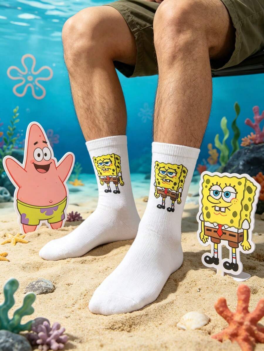 SpongeBob SquarePants 1双男士白色卡通海绵印花中筒袜，趣味休闲日常穿着袜子 - 彩色 - 查看 1