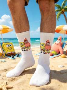 SpongeBob SquarePants 1双男士白色卡通海洋生物印花中筒袜，趣味休闲，适合日常穿着，四季皆宜 - 彩色 - 查看 5