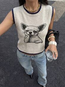 Áo ba lỗ dệt kim in hình chó Chihuahua, cổ tròn, không tay, viền tương phản, kiểu dáng thường ngày, thích hợp cho mùa hè. - Màu Khaki - Xem 2