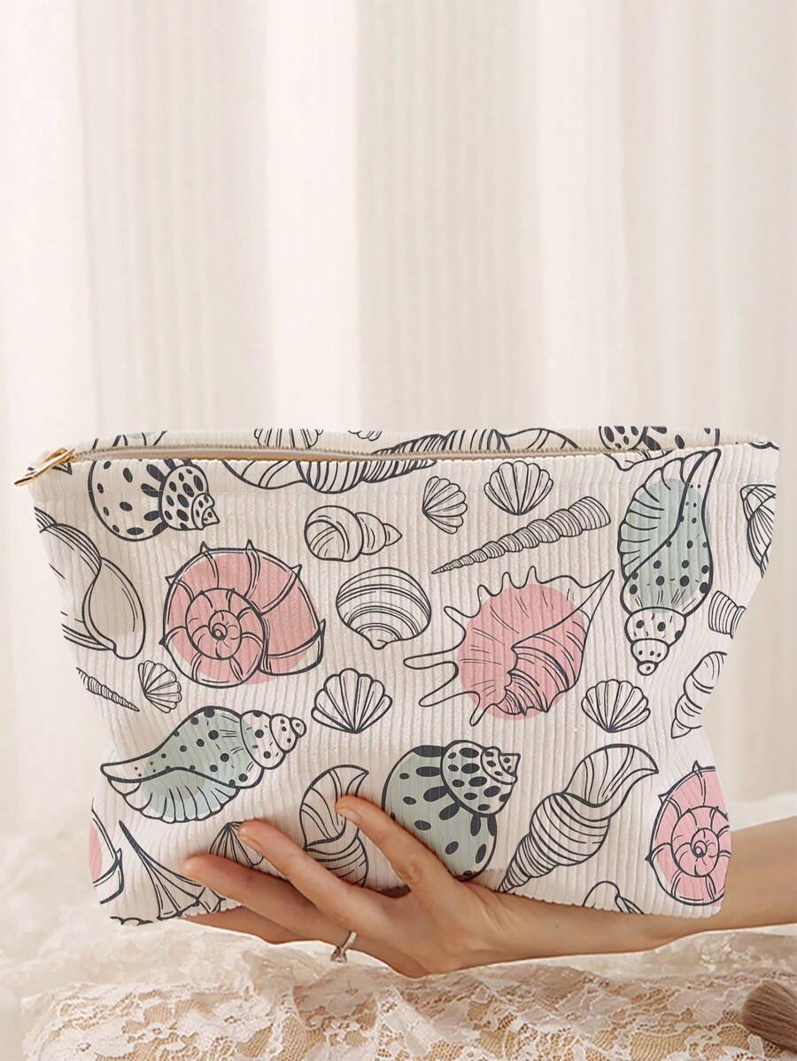 1 pieza Bolsa de cosméticos portátil, Serie Océano con estampado de concha y estrella de mar de impresión doble cara, Bolsa de maquillaje con cremallera para viajes, Bolsa de almacenamiento de artículos de tocador multifuncional - Multicolor - Ver 1