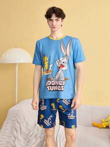 LOONEYTUNES Cartoon All-Over Print Men's Pajama Set, Light Blue Striped Short Sleeve Top And Shorts - Multicolor - View 2